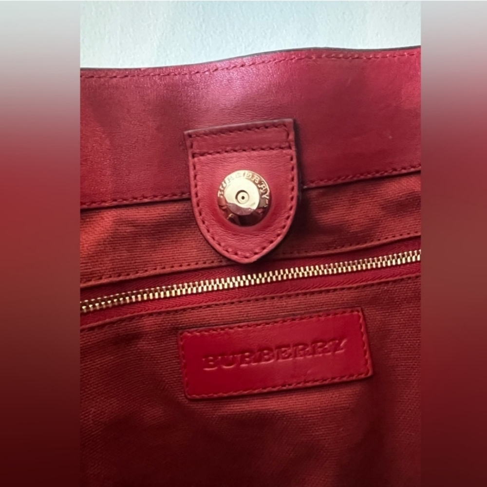 Burberry Red Leather Shoulder Bag with Check Trim - Picture 6 of 16